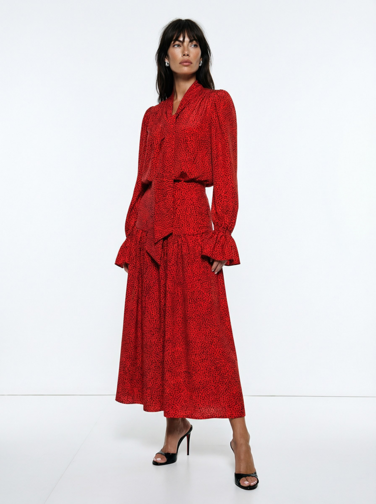 Юбка на кокетке на сборке красная в горох