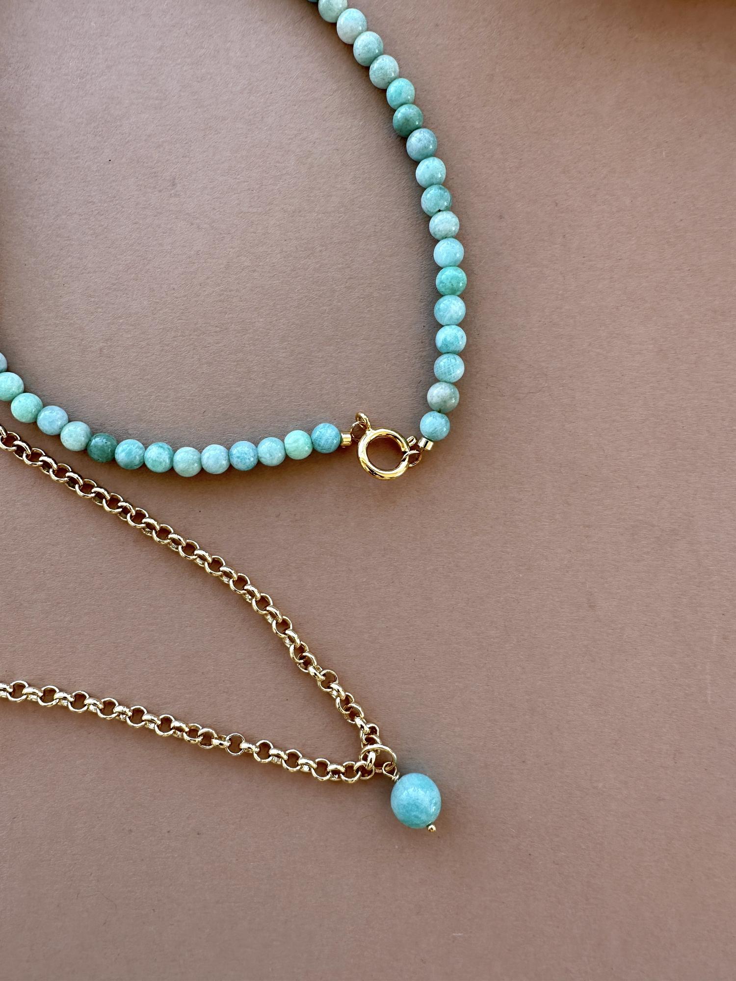Колье из амазонита  6мм , gold/silver