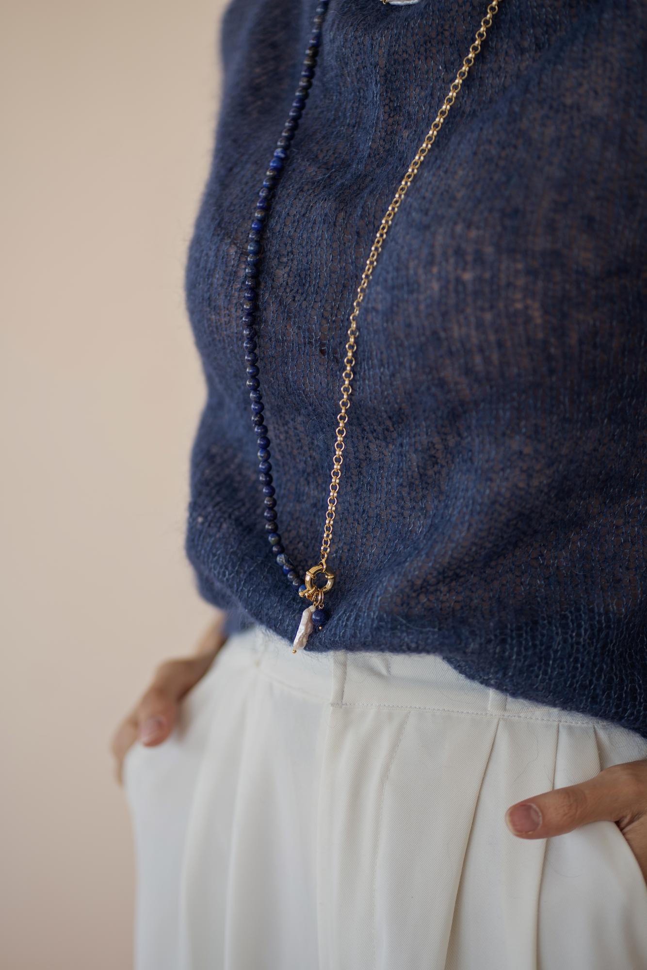 Колье из лазурита 6мм , gold/silver