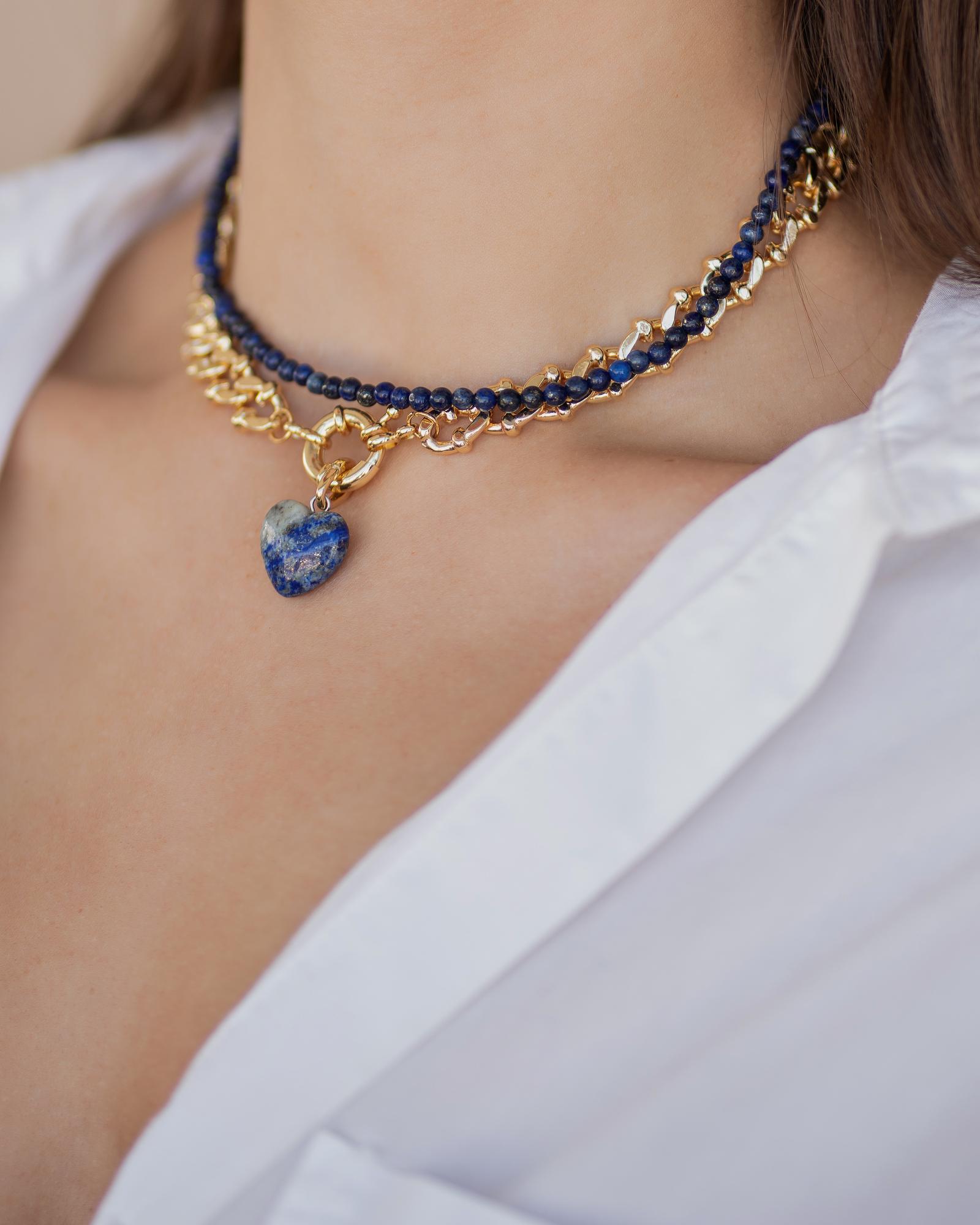 Колье из бусин Лазурита 4мм ,gold/silver