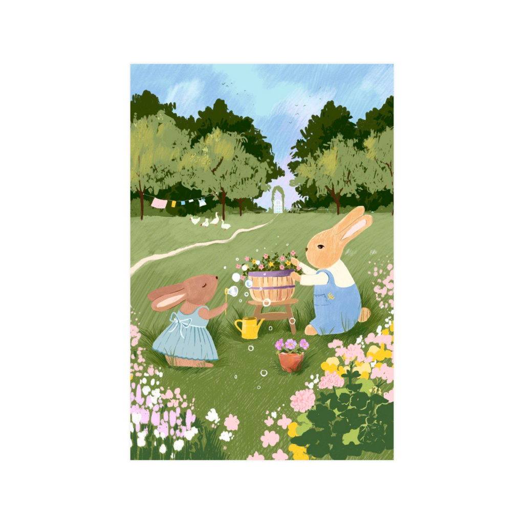 Открытка "Зайки на лужайке"