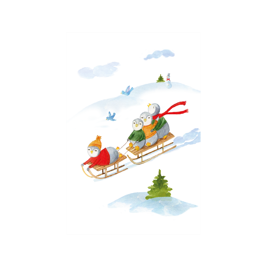 Открытка "Пингвины на санках"