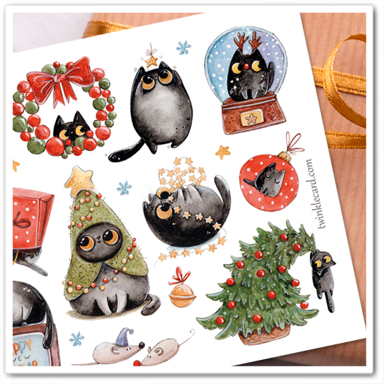 Наклейки "Ёлка, кот и Новый год"