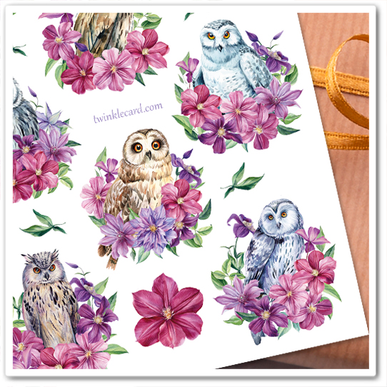 Наклейки "Совы в цветах"