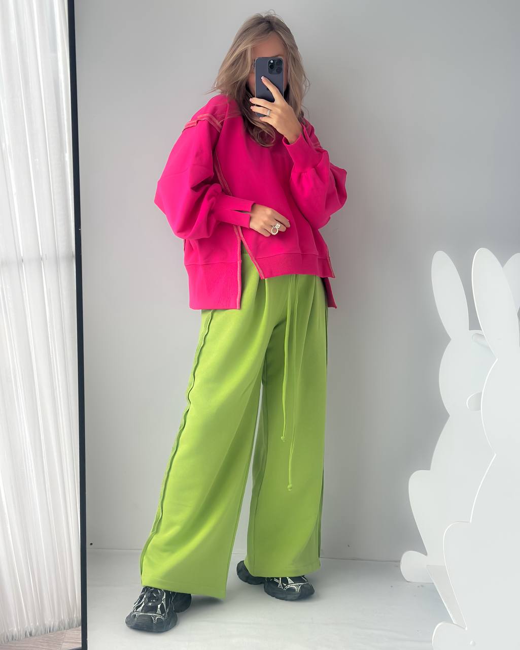 Комплект “ОВЕРИЩЕ 2.0»  штаны лайм / кофта фуксия и строчка лайм