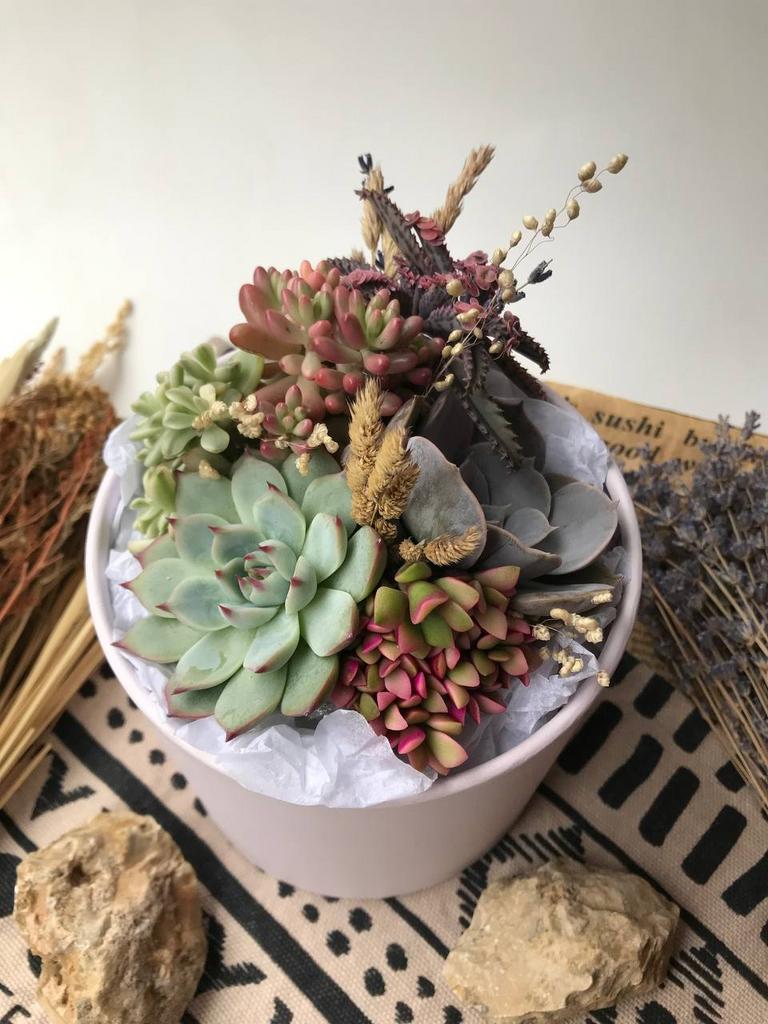 Букет из суккулентов в шляпной коробке