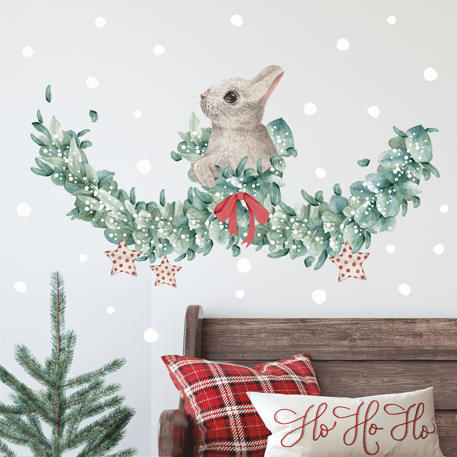 Наклейки на окно новогодние " Венок с зайчиком "