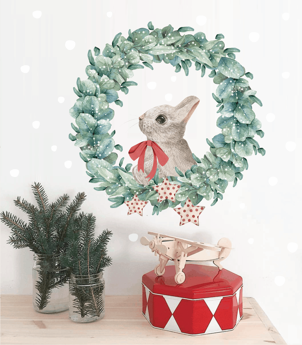 Наклейки на окно новогодние " Венок с зайчиком "