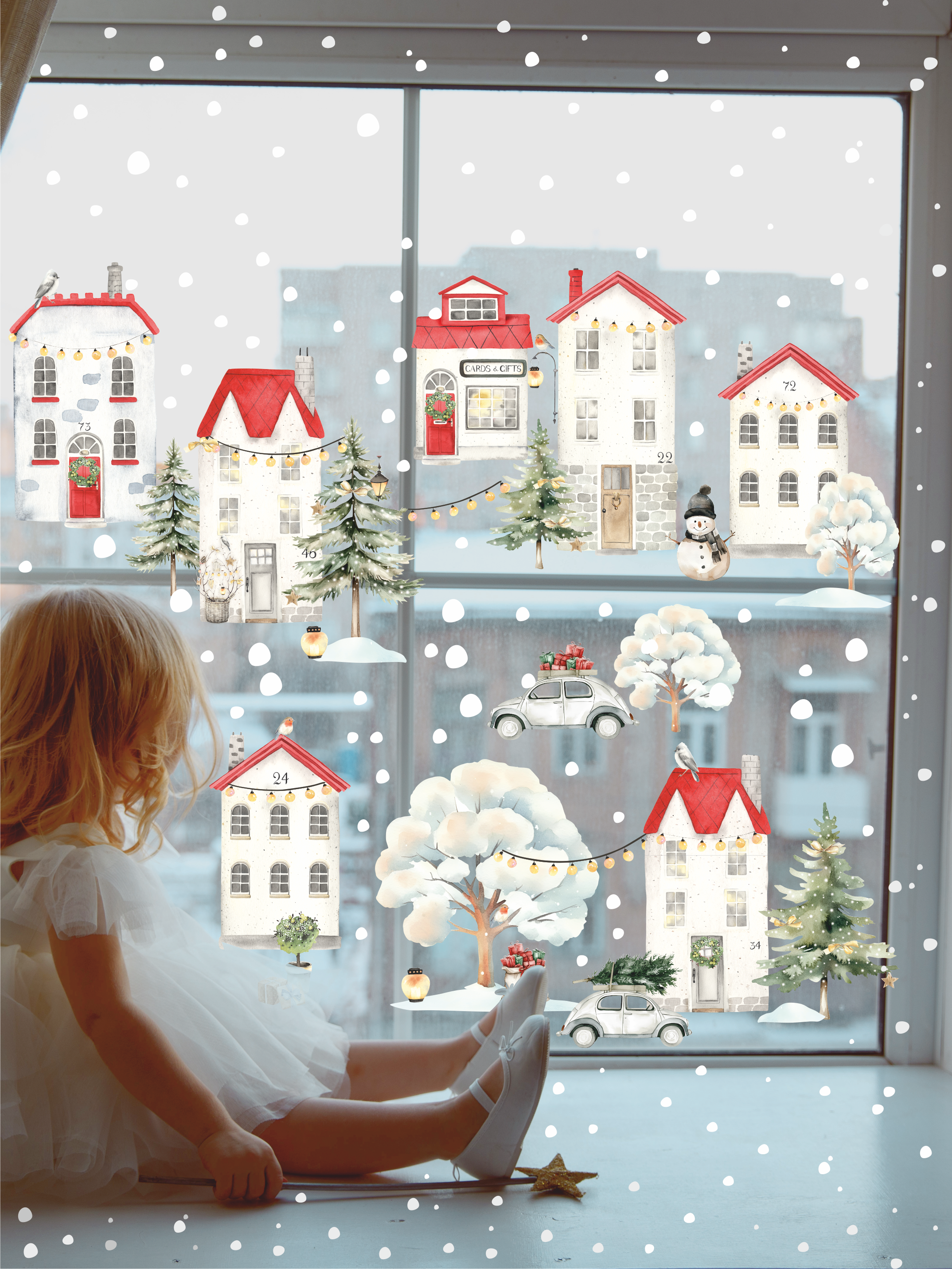 Наклейки новогодние на окно "Домики в снежном лесу"