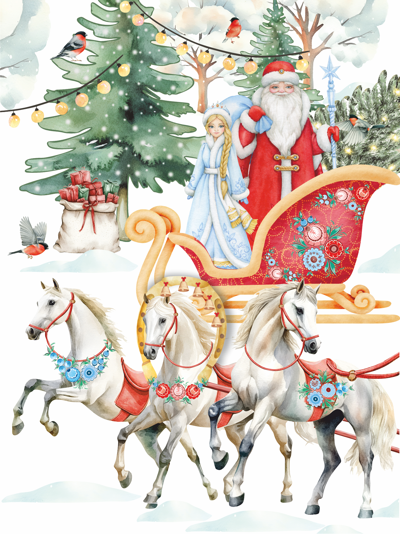 Наклейки новогодние на окно "Русская тройка лошадей"