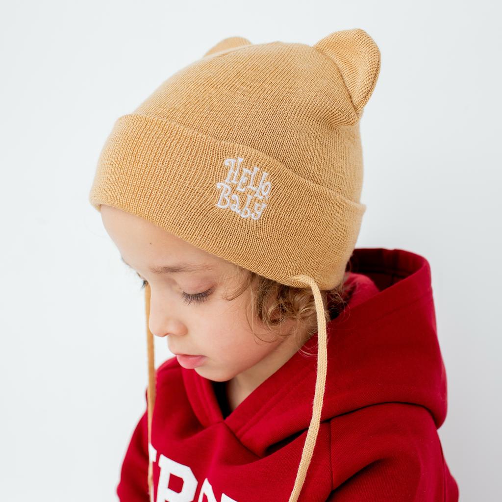 Шапка с ушками и завязками "HelloBaby" шерсть/акрил -LIGHT- цвета разные р. 3/10 лет