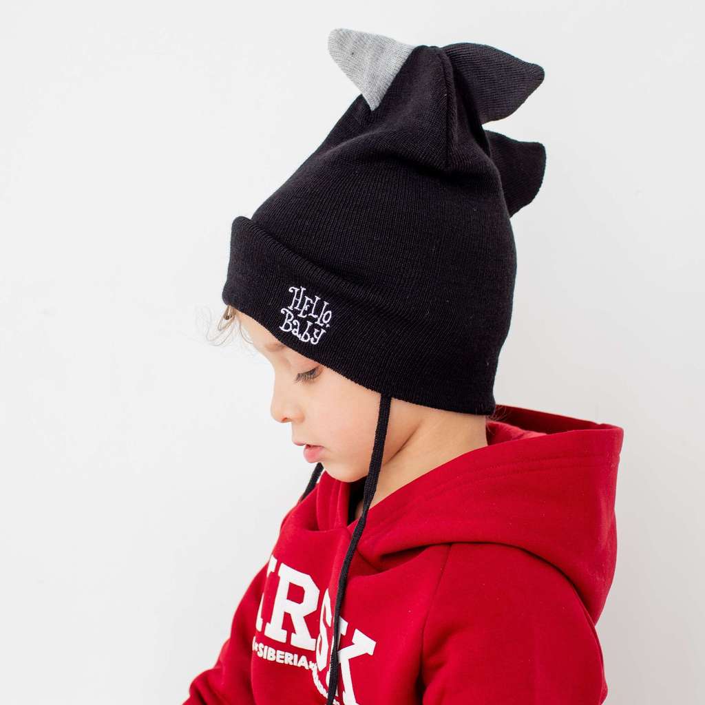 Шапка ДИНО с завязками "HelloBaby" шерсть/акрил -LIGHT- черный р. 0/6, 6/24 мес, 3/10 лет