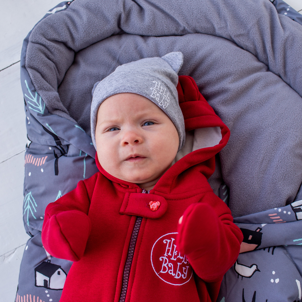 Шапка хлопковые Hello,Baby р. 0/6 мес - с ушками - серый меланж