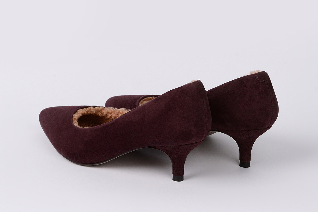 Туфли из замши вишневые "Мира" с мехом