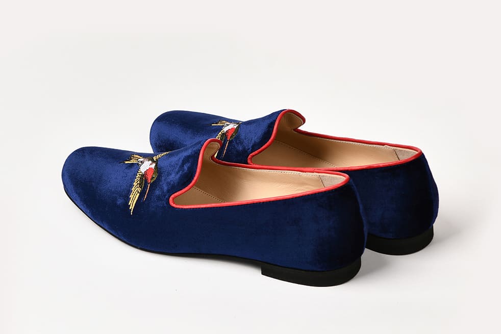 Слиперы женские из бархата синие "Летящие птицы"