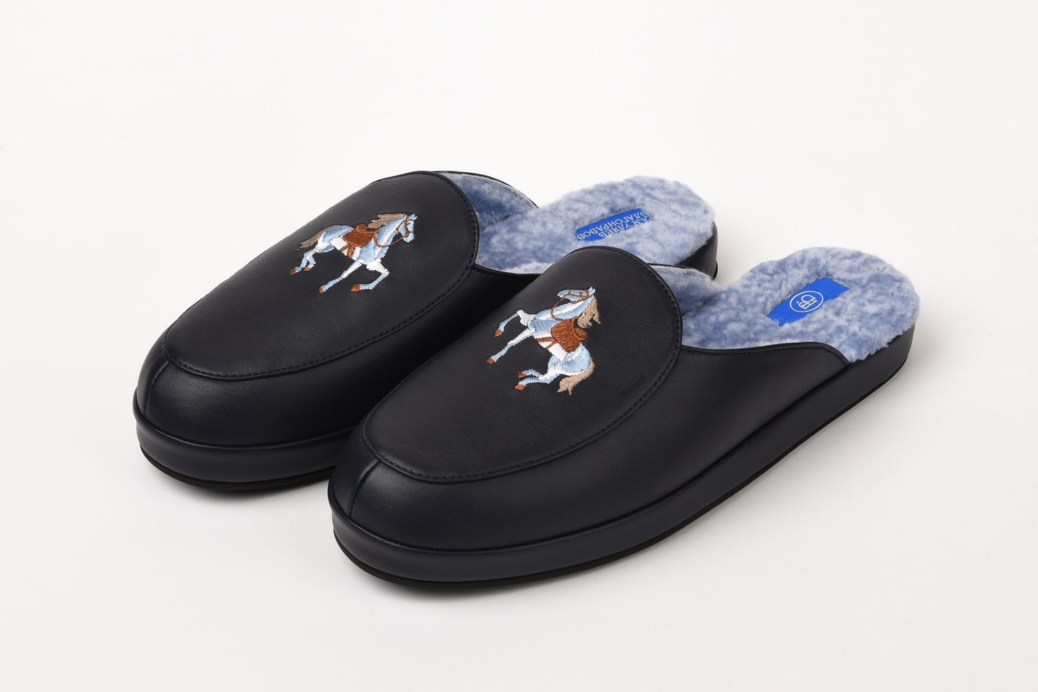 Женские клоги синие "Лошадка" с мехом