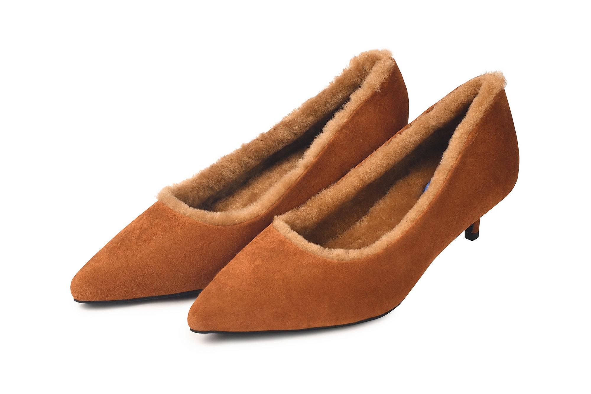 Туфли из замши терракотовые "Мира" с мехом