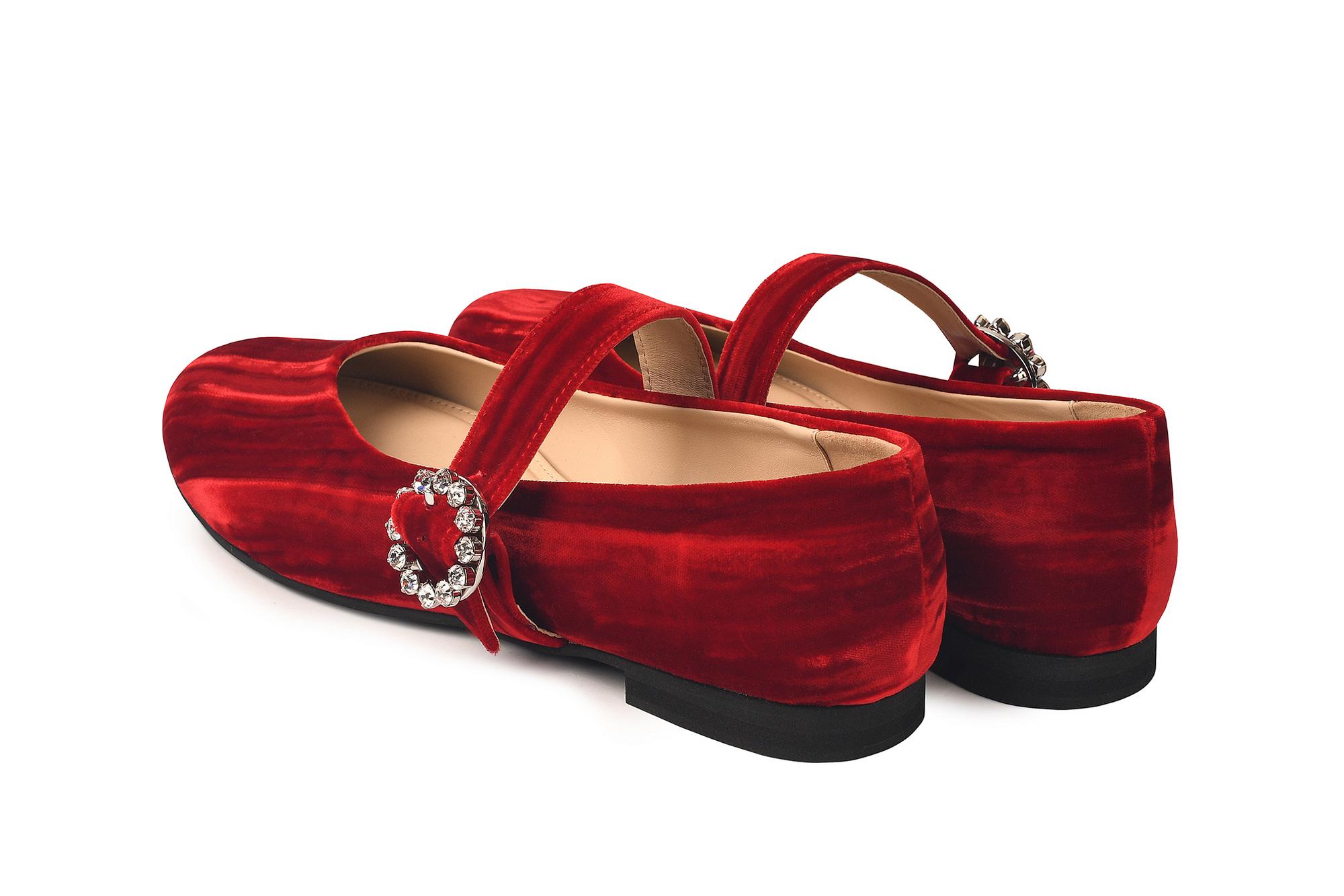 Балетки из бархата красные "Мэри Джейн" с пряжкой