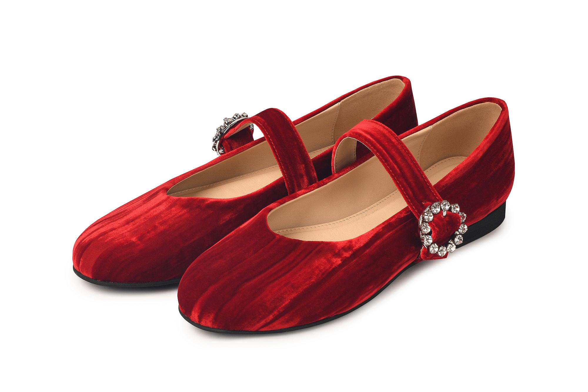 Балетки из бархата красные "Мэри Джейн" с пряжкой