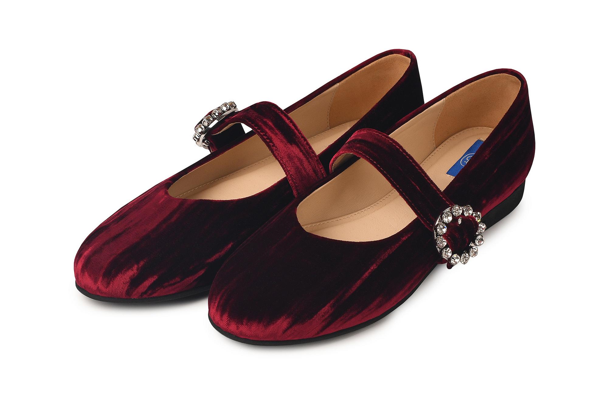 Балетки из бархата бордовые "Мэри Джейн" с пряжкой
