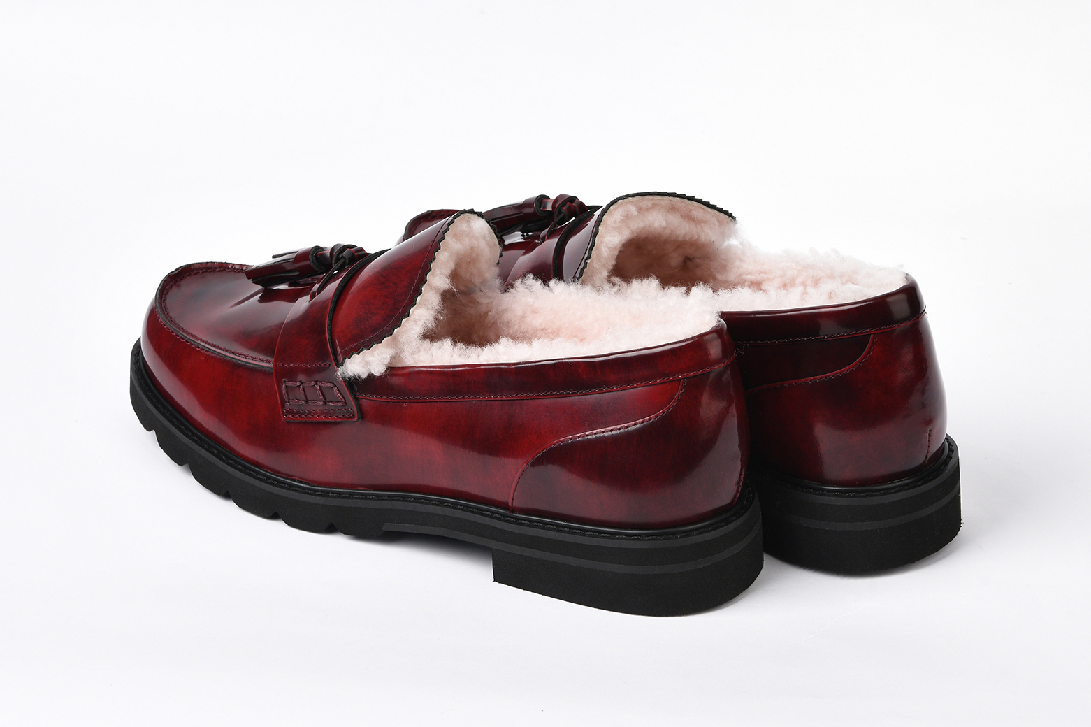 Женские бордовые лоферы из кожи с мехом «Бордовый Иней»
