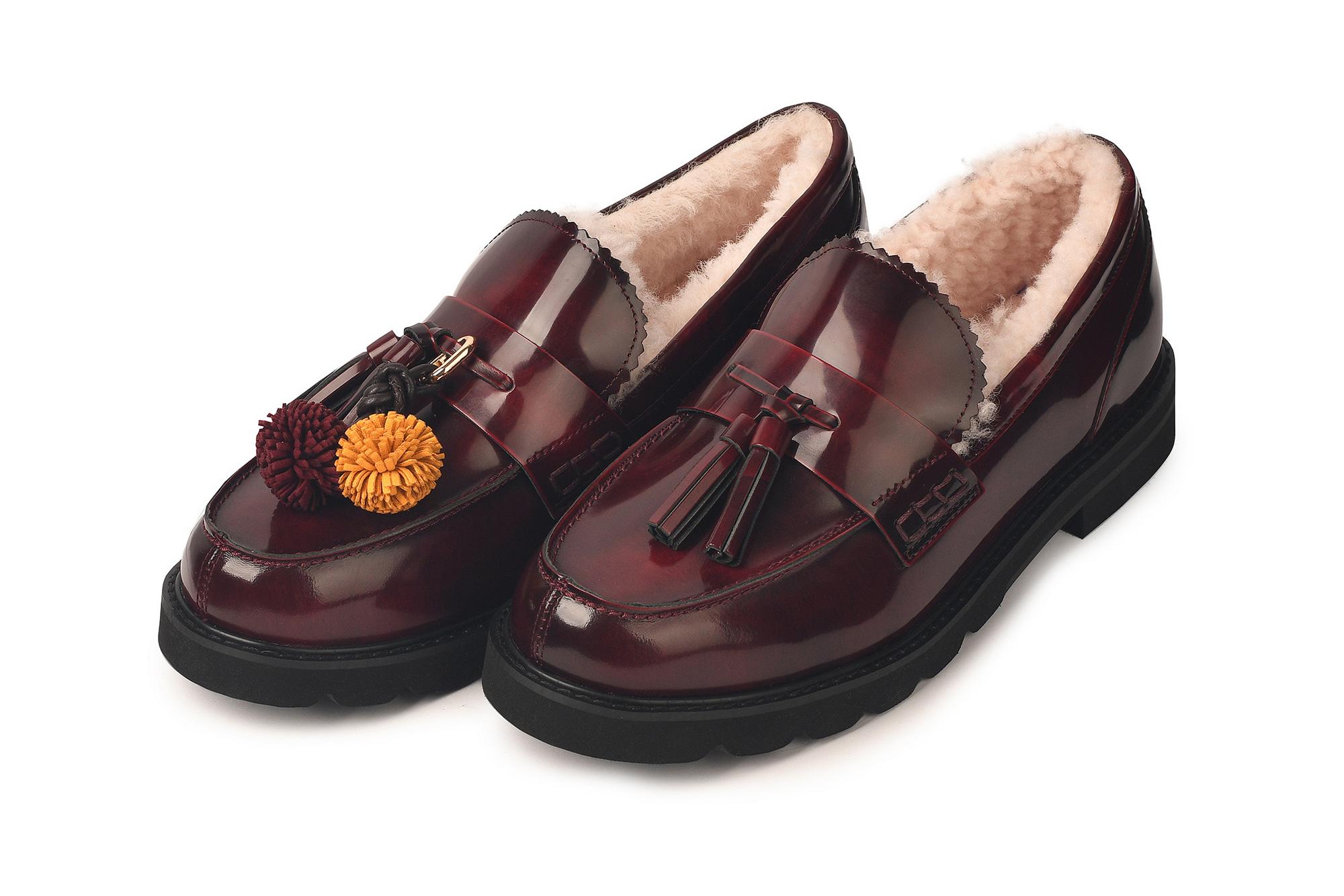 Женские бордовые лоферы из кожи с мехом «Bordeaux Frost»