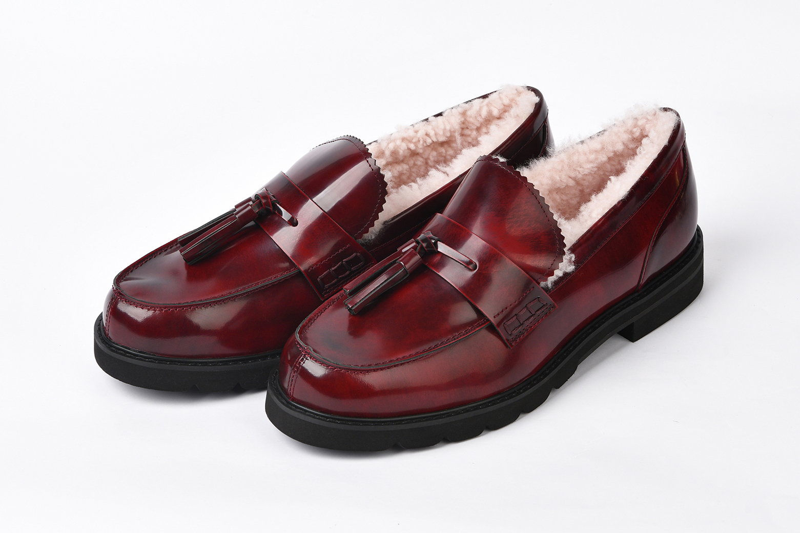 Женские бордовые лоферы из кожи с мехом «Бордовый Иней»