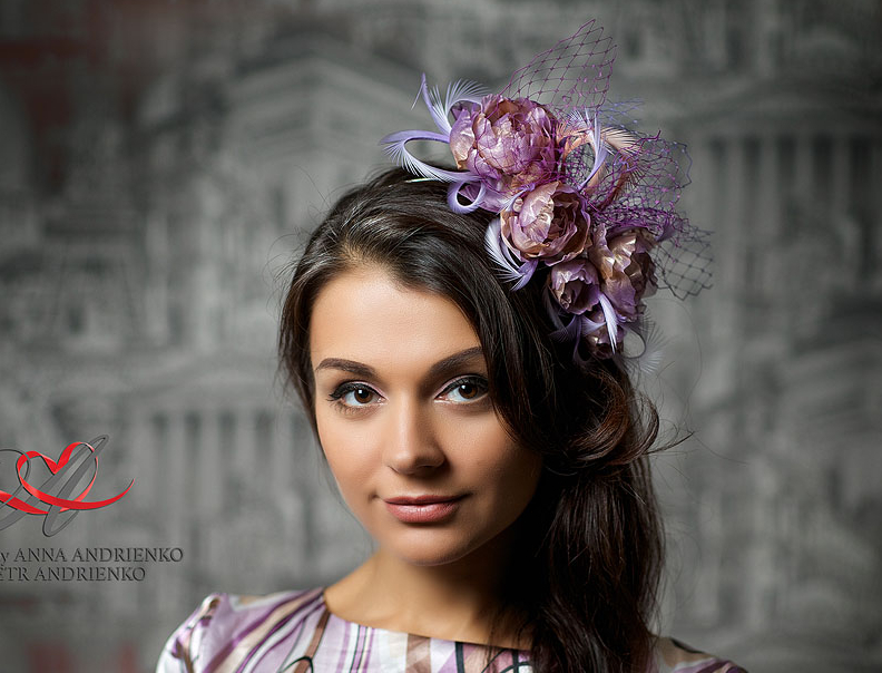 вуалетка, Анна Андриенко, ручная работа, вечерняя вуалетка, вуалетка с перьями, лиловая вуалетка, сиреневая вуалетка, вуалетка с цветами, вуалетка с розами, ободок с цветами, цветы в прическу, цветы для прически, вуалетка для праздника , шляпка с цветами, шляпка с розами, шляпка с перьями