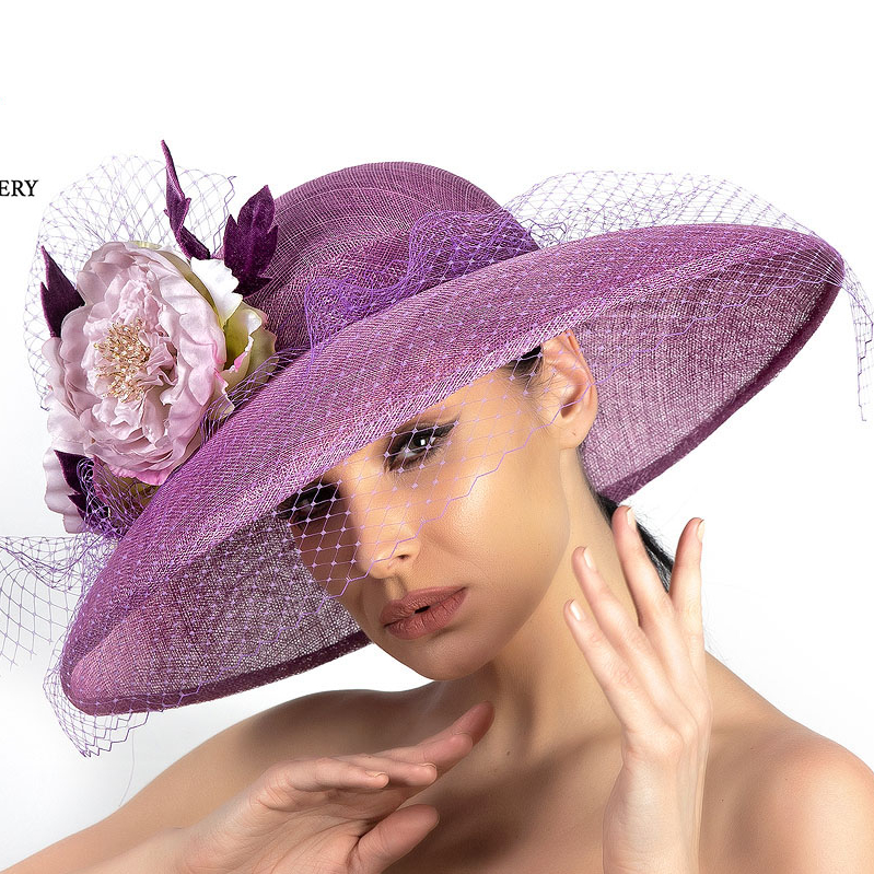 Сиреневая широкополая шляпа из Синамей купить в Москве, шляпка для скачек купить в Питере, дизайнерские шляпы Анна Андриенко