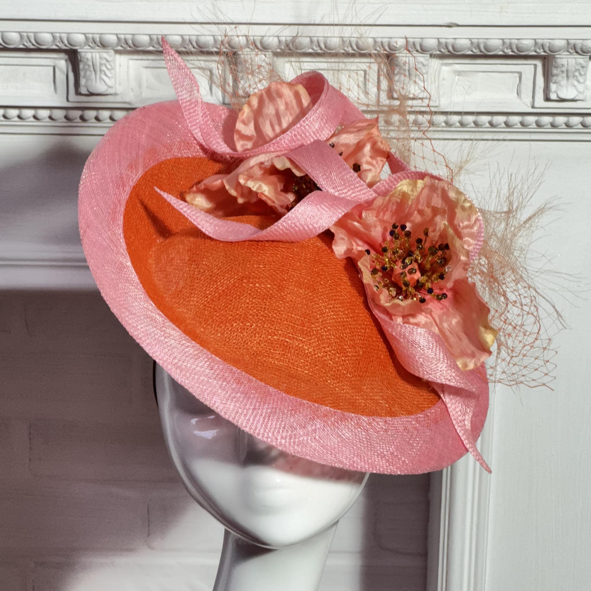 купить шляпку для скачек в москве, шляпки для скачек, шляпки для свадьбы, свадебная шляпка, женская шляпка, оранжевая с розовым шляпка, купить шляпку спб, вечерняя шляпка, шляпка для праздника, светская шляпка, дизайнерская шляпка, Анна Андриенко