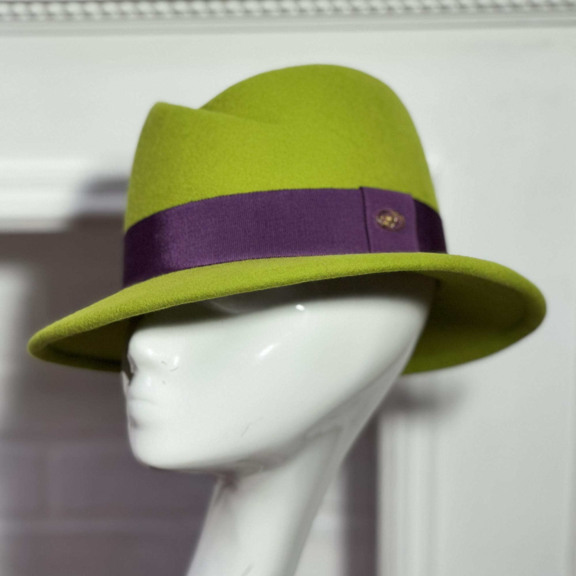 фетровая шляпа, шляпа из фетра, купить шляпу, классическая шляпа, Анна Андриенко, женская шляпа, осенняя шляпа, шляпа лаймового цвета с фиолетовым, зимняя шляпа, весенняя шляпа, шляпа с полями