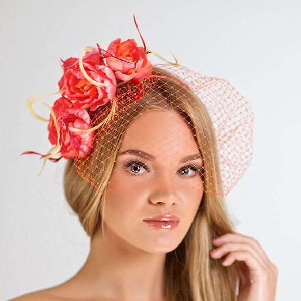 вечерняя шляпка, вуалетка, вечерняя вуалетка, вуалетка с цветами, вуалетка с перьями, розовая вуалетка, ручная работа, шелковые цветы, цветы в прическу, купить вуалетку, купить шляпку, Анна Андриенко, Anna Andrienko, millinery