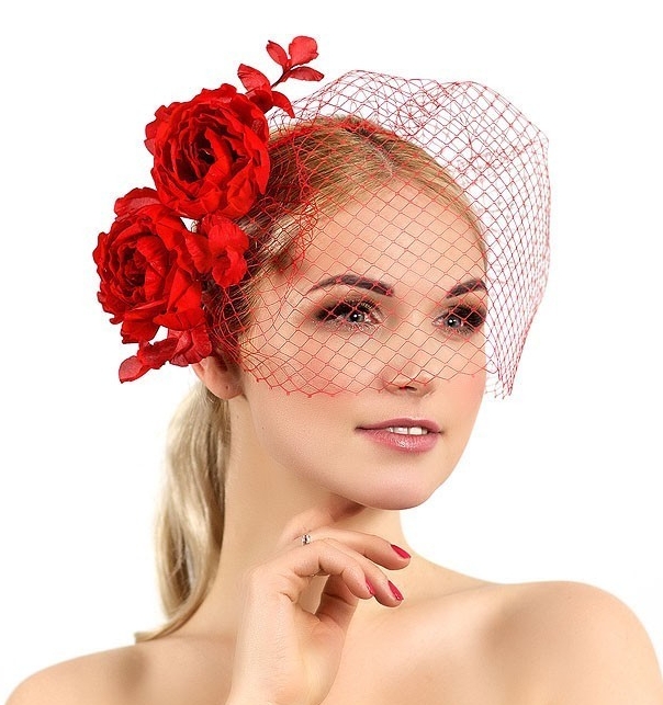 купить красную вуалетку, купить вуалетку с цветами, купить шляпку для скачек, вечерняя красная шляпка, свадебная вуалетка, свадебная красная шляпка