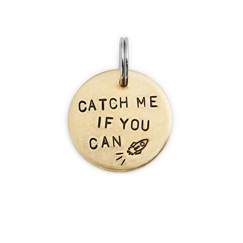 Адресник ПОЙМАЙ МЕНЯ, ЕСЛИ СМОЖЕШЬ (латунь/мельхиор, 25/32 мм)