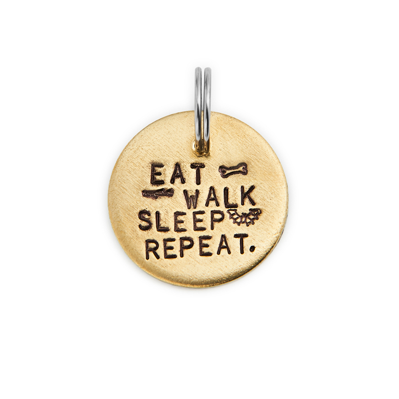 Адресник ПОЕСТЬ ПОГУЛЯТЬ ПОСПАТЬ ПОВТОРИТЬ (латунь/мельхиор, 25/32 мм)