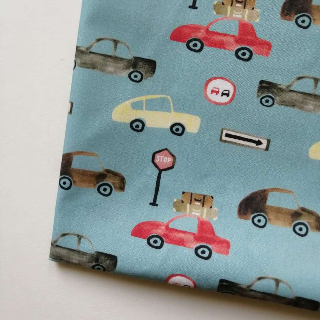 Отрез хлопка Unicorn & Organic collection - Машинки на голубом