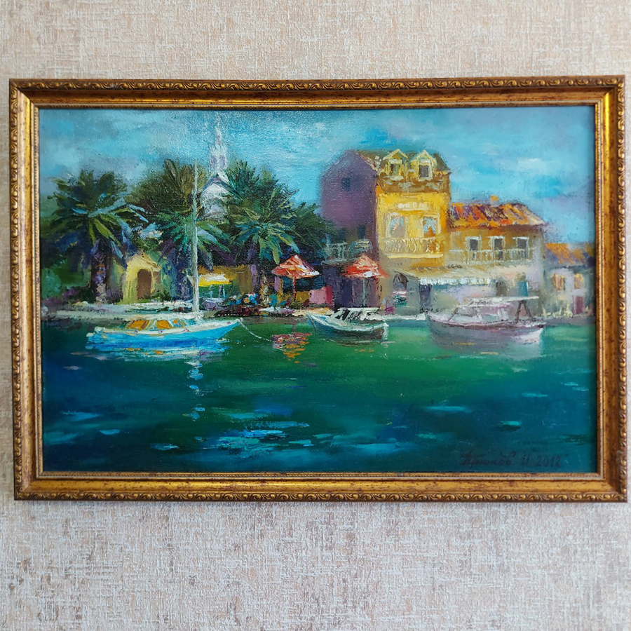 Картина "ЯХТЫ У БЕРЕГА" холст масло