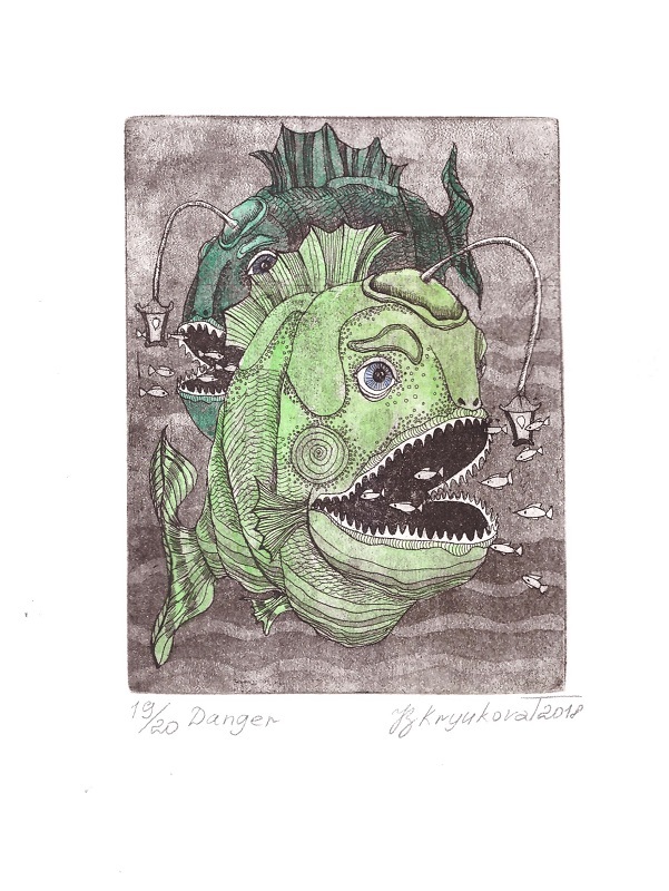 Графический лист " Глубина", офорт, акварельная бумага, офортная краска