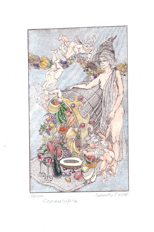 Графический лист "Рог изобилия", офорт, акварельная бумага, офортная краска