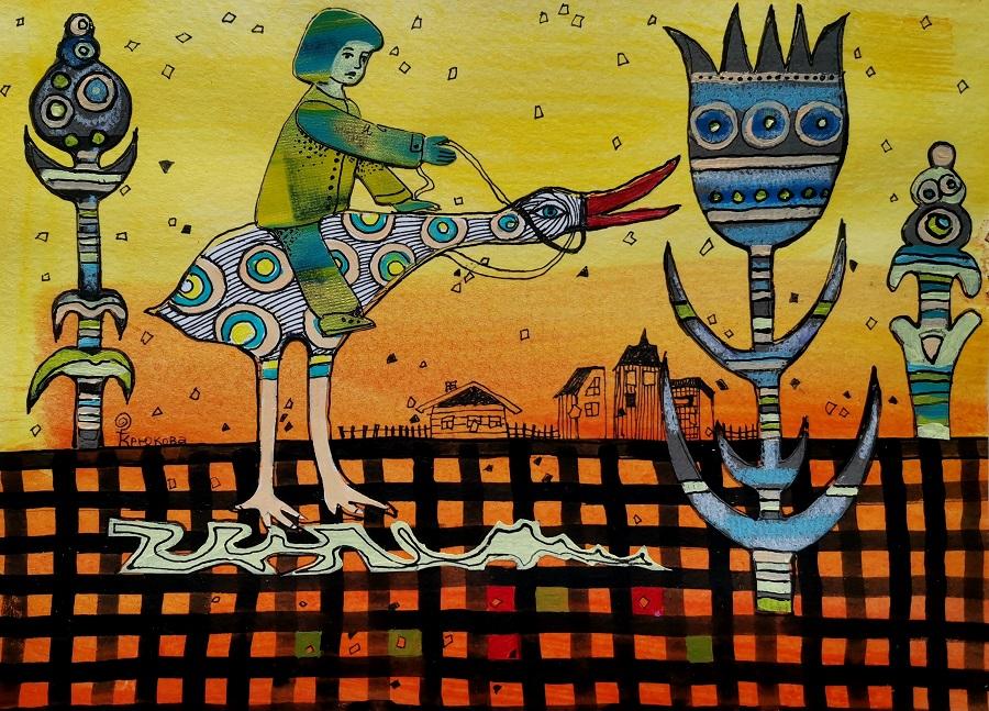 Картина маленькая "Наездник", авторский коллаж, акрил.