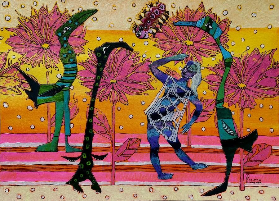 Картина маленькая "Царская гусеница", авторский коллаж, акрил.