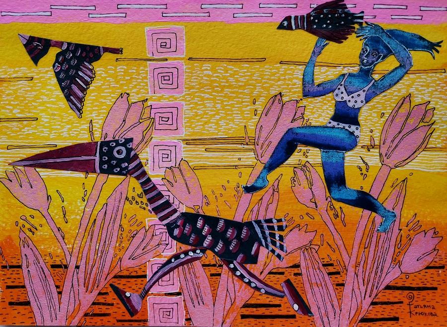 Картина маленькая "Девушка запускает птицу в полёт", авторский коллаж, акрил.