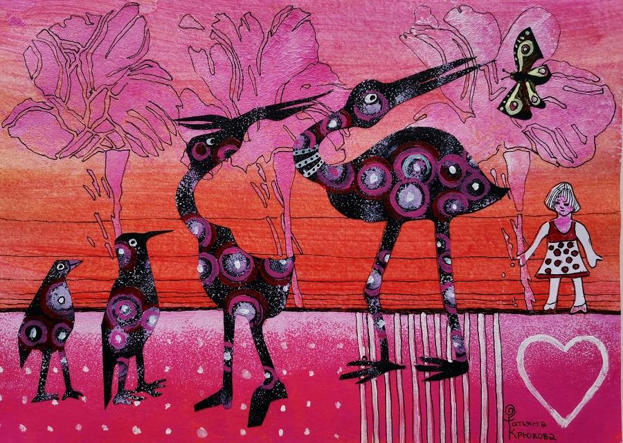 Картина маленькая "Девочка , бабочка и птицы", авторский коллаж, акрил.