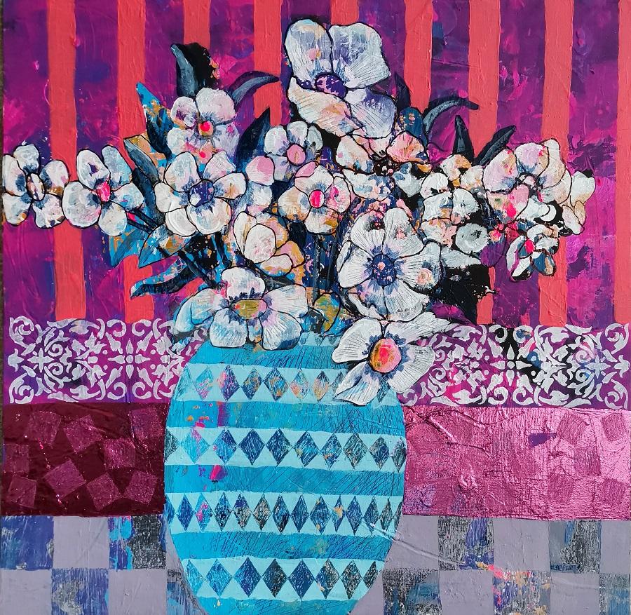 Картина  "Белый букет",  акрил на картоне, розовая  поталь.