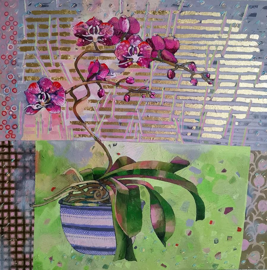 Картина  "Орхидея",  акрил на холсте на подрамнике, поталь.