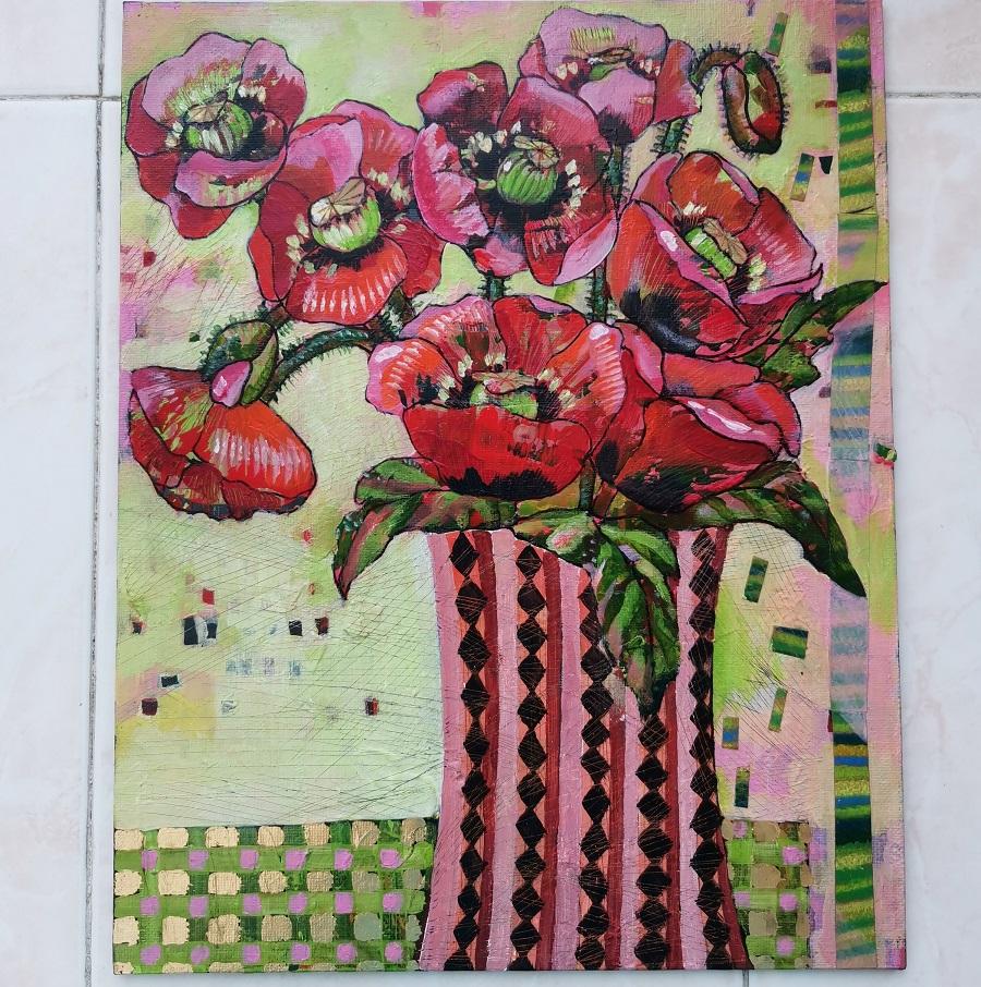 Картина  "Маки",  акрил на холсте на картоне, поталь.