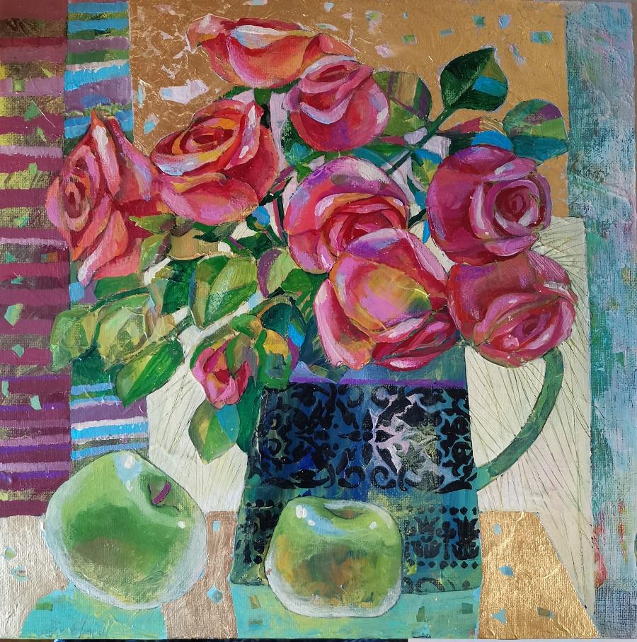 Картина  "Розы и яблоки"  акрил на холсте на картоне, поталь.