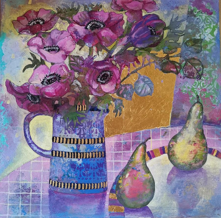 Картина  "Цветы и груши"  акрил на холсте на картоне, поталь.