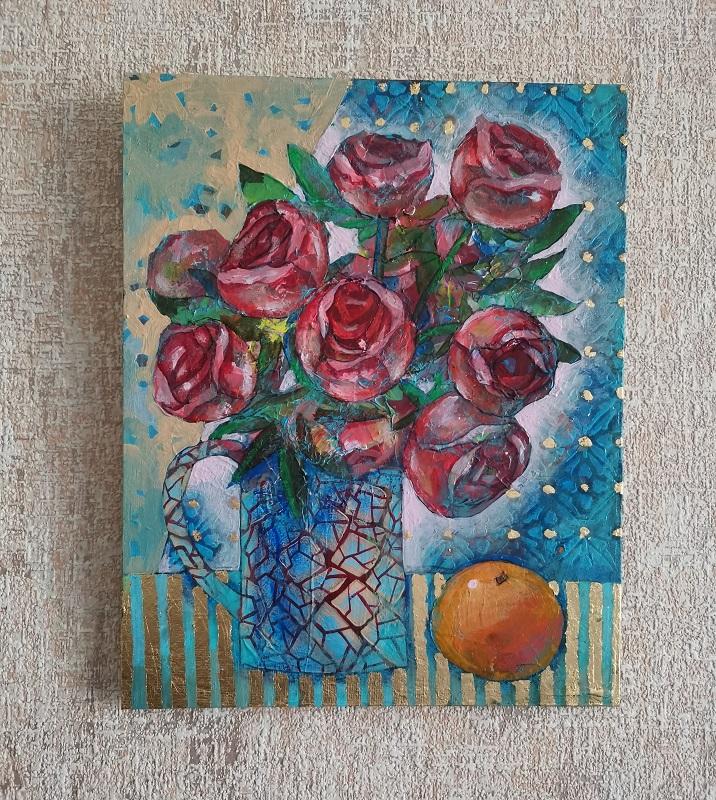 Картина  "Розы и апельсин"  акрил на холсте на картоне, поталь.