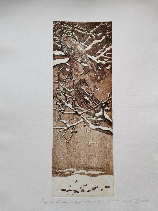 Картина  "Птицы на ветках" гравюра на бумаге